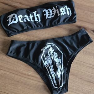 Black Death Wish Skeleton Bikini Set | Size S | Strapless Goth Swimwear